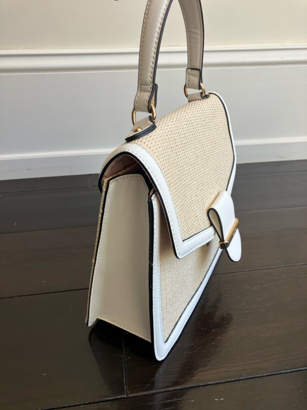 ALDO White-Trim Beige Straw Woven Top-Handle Satchel with Gold Hardware - Picture 3 of 12